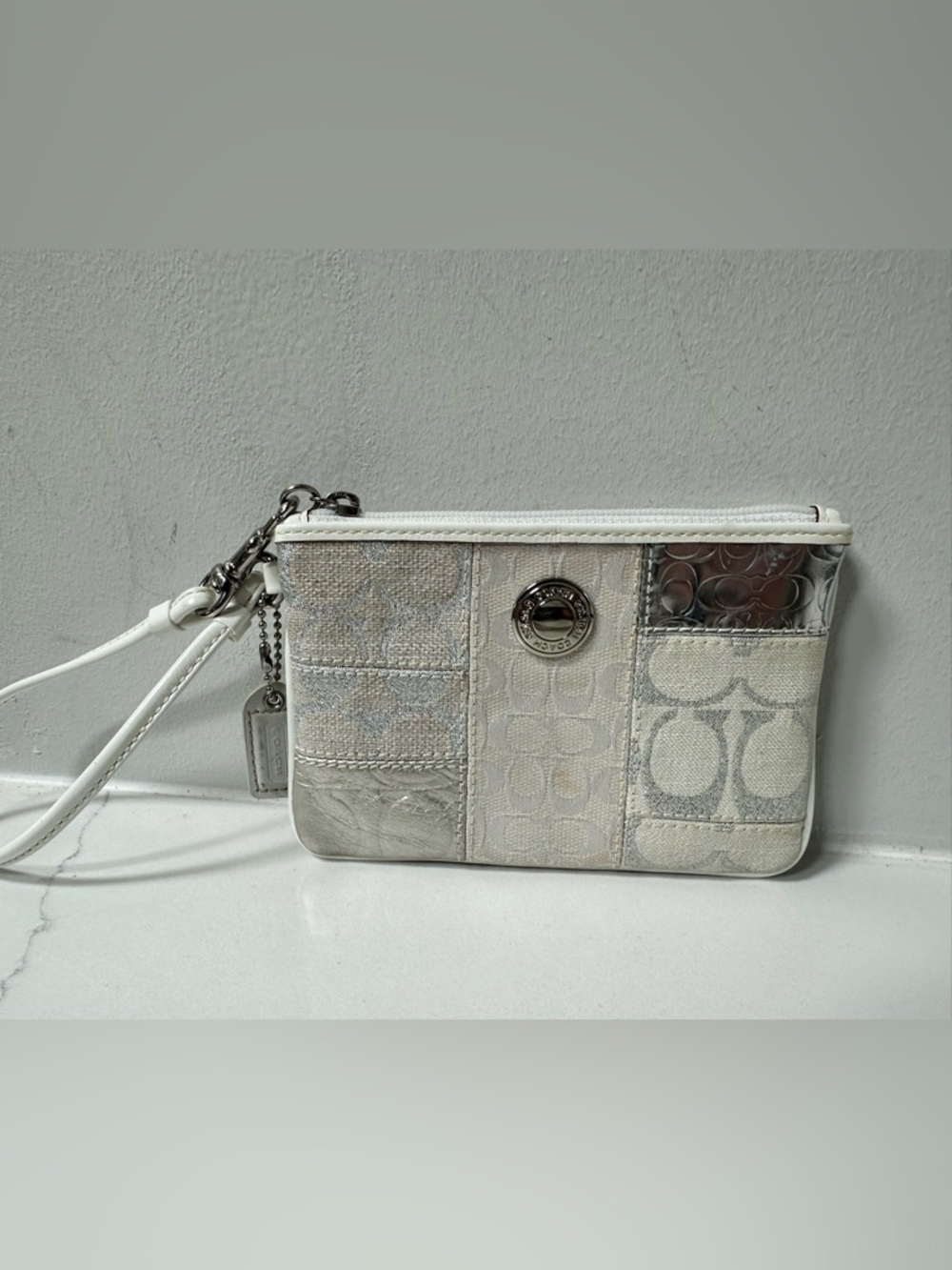 Coach, patchwork, mini wristlet, and cream, metallic silver